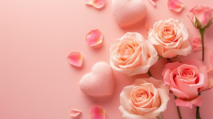An arrangement of hybrid tea roses in various shades of pink with orange petals, creatively arranged on a pink backdrop.