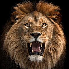 Obraz premium Portrait of a lion with open mouth on a black background.