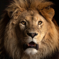Portrait of a lion with open mouth on a black background.