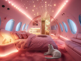 A white cat lies on a large bed in a pink room that looks like a pod or a spaceship, with round windows and pink lighting.
