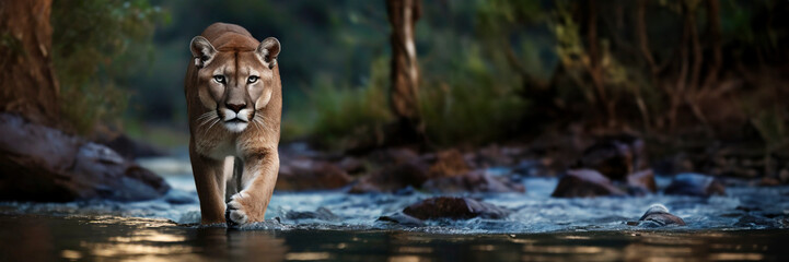 cougar, mountain lion walking towards the camera in river. Panther, puma in shallow water stream low angle image. Panoramic banner with copy space - obrazy, fototapety, plakaty