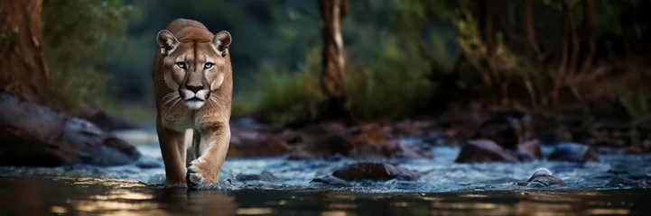 Foto op Canvas cougar, mountain lion walking towards the camera in river. Panther, puma in shallow water stream low angle image. Panoramic banner with copy space © Mariusz Blach
