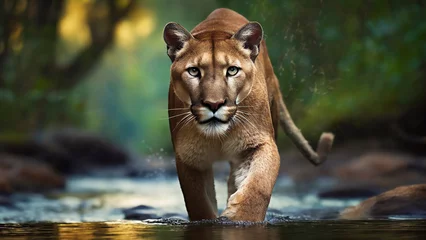 Fotobehang cougar, mountain lion walking towards the camera in river. Panther, puma in shallow water stream low angle image © Mariusz Blach