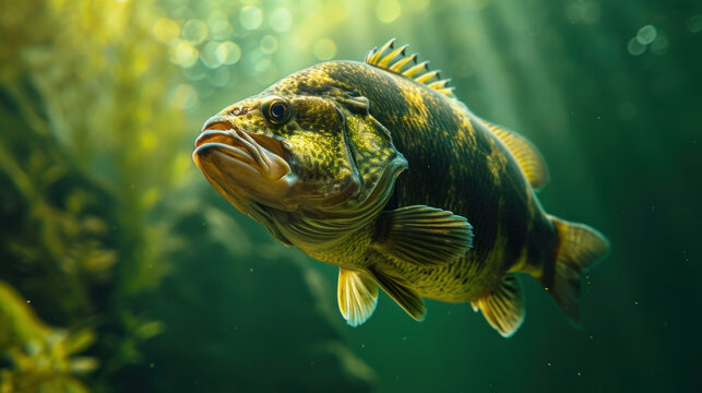 Largemouth bass swimming in freshwater habitat. Wildlife and nature.
