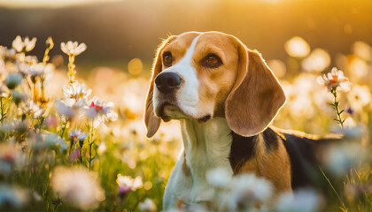 Beagle dog in a blossoming flower meadow, close-up - Powered by Adobe