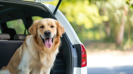Happy golden retriever sitting in the trunk of a white car.