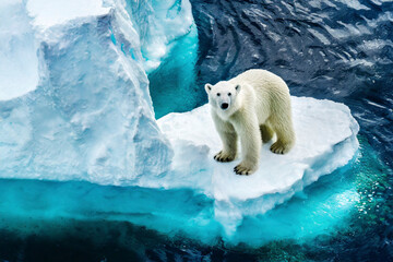 Aerial view of polar bear standing on glacier ice in Arctic. 