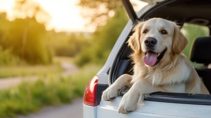 Happy golden retriever sitting in the trunk of a white car.