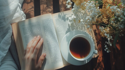 A person reading a book with a cup of coffee