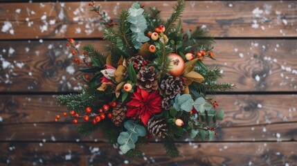 Fototapeta na wymiar A christmas wreath with pine cones and poinsettis