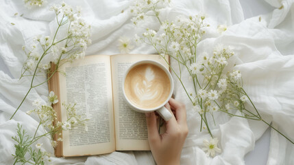 A person holding a cup of coffee over a book - obrazy, fototapety, plakaty
