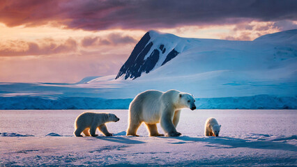polar bear with cubs on the ice at sunset - obrazy, fototapety, plakaty