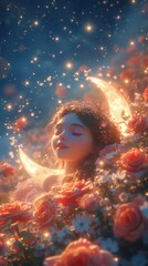 A woman laying in a bed of roses with a moon in the background