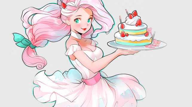 A girl in a dress holding a plate with a cake on it
