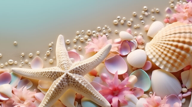Sea shore background with pearls, fishstar and shells
