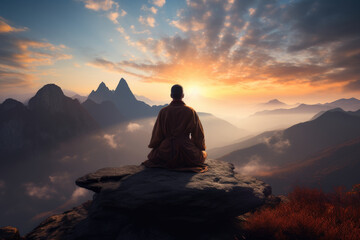 A person meditating at sunrise on a mountain top, symbolizing peace and self-discovery. Generative Ai.