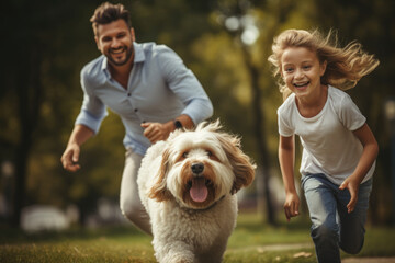 A family playing with their dog in a park, capturing the joy of family time and pet companionship. Generative Ai.