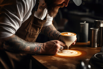 Fototapeta na wymiar A barista creating latte art, illustrating skill and the culture of coffee. Generative Ai.