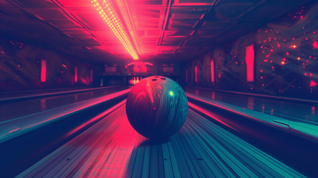 Bowling ball on the bowling lane. Neon lights. 3d rendering