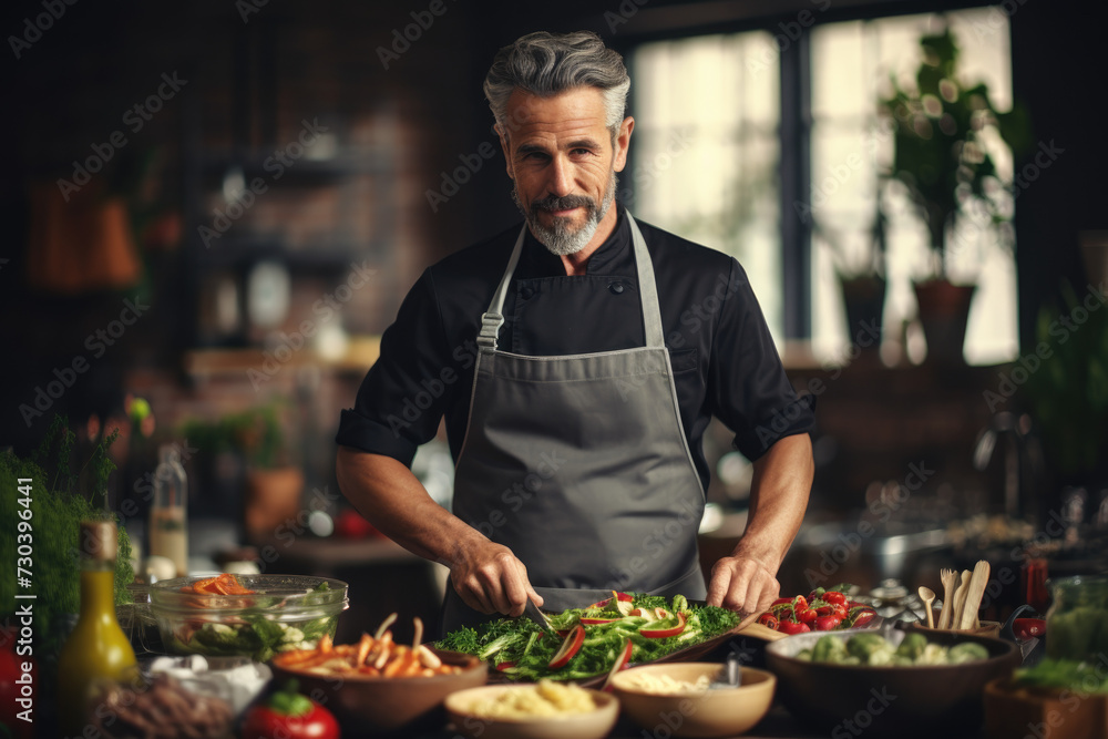 Poster a chef teaching a cooking class, highlighting culinary skills and sharing knowledge. generative ai.