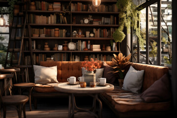 A cozy café corner with books and comfortable seating, evoking warmth and relaxation. Generative Ai.