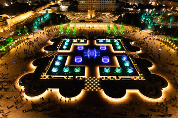 Aerial view to largest light and music fountain in Russia. 2214 colours jets burst into sky with...