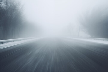 Winter Hazard: Motion Blurred Road in Whiteout Conditions Showing Poor Visibility