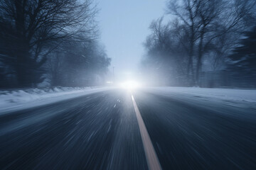 Fototapeta na wymiar Winter Hazard: Motion Blurred Road in Whiteout Conditions at Dusk