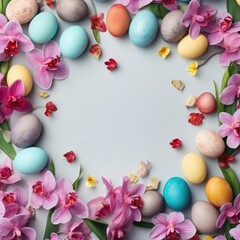 Fototapeta na wymiar Orchid background with colorful easter eggs round frame