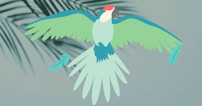 Animation of silhouettes of palm trees and parrot over gray background