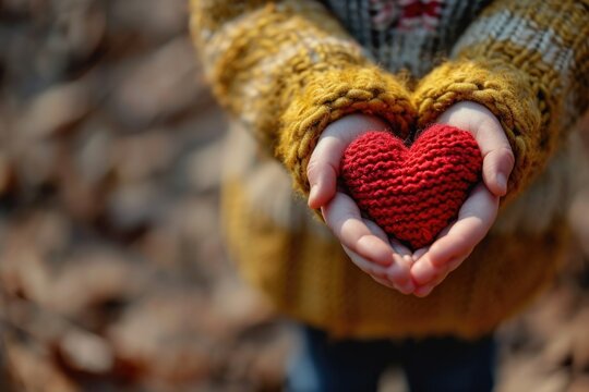 A small child holds a red heart-shaped knitted object in cupped hands, with a blurred autumn leaves background. Suitable for charity or child-related business