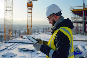 An engineer in a safety vest and helmet is inspecting plans on a tablet at a construction site during winter.