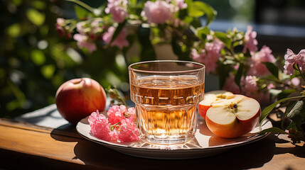 Glass with fresh fruit juice on the table and plate with ripe fruits, blossoming apple tree branch...