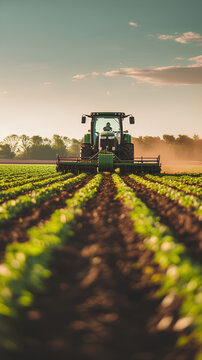 Fototapeta Agricultural worker with a tractor in the field.
