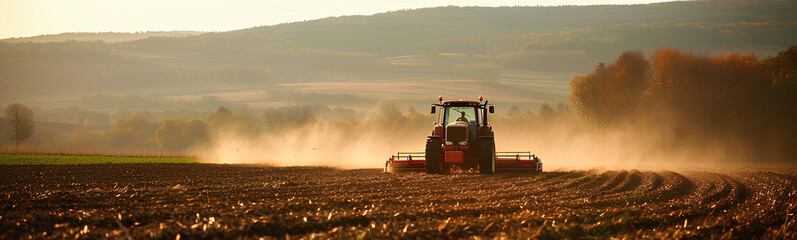 Fototapeta premium Agricultural worker with a tractor in the field.