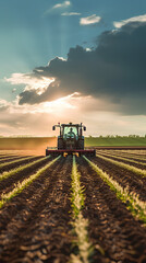 Fototapeta premium Agricultural worker with a tractor in the field.