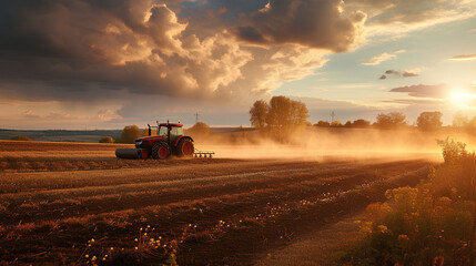 Fototapeta premium Agricultural worker with a tractor in the field.