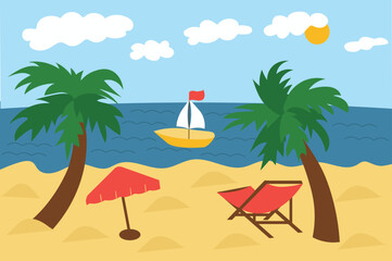 Fototapeta na wymiar Seascape illustration. Sun sea palm beach umbrella and sunbed