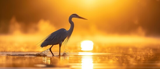 Heron wades at sunrise in the water. - obrazy, fototapety, plakaty