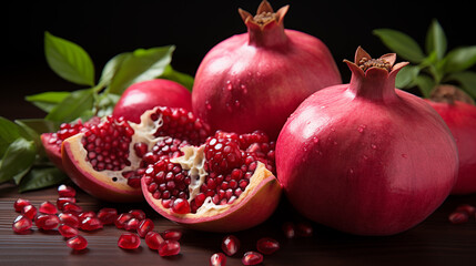 Fresh red ripe pomegranate with green leaves on a dark background