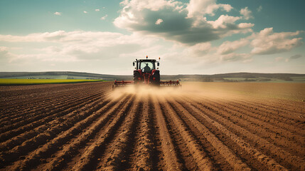 Fototapeta premium Agricultural worker with a tractor in the field.