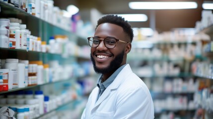 Smiling male pharmacist with dark skin, retail store, High photographic quality. portrait photography