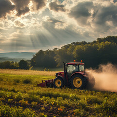 Fototapeta premium Agricultural worker with a tractor in the field.