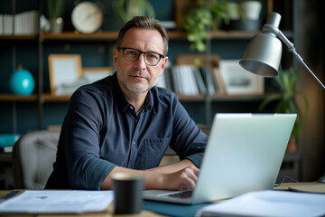 Confident Male Entrepreneur working on laptop at Home Office Workspace