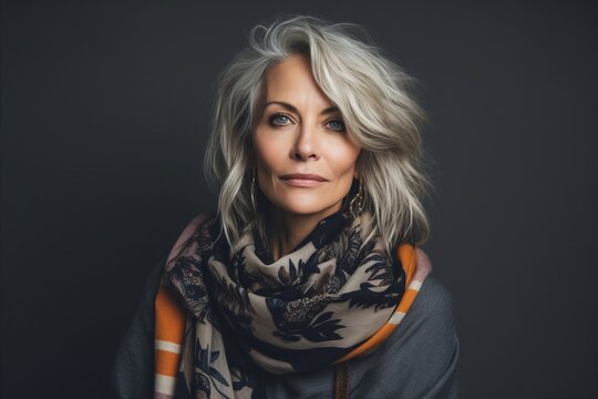 Portrait of a beautiful middle-aged woman in a warm scarf.