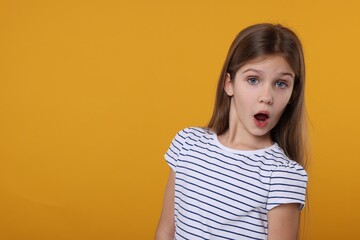 Portrait of surprised girl on yellow background. Space for text
