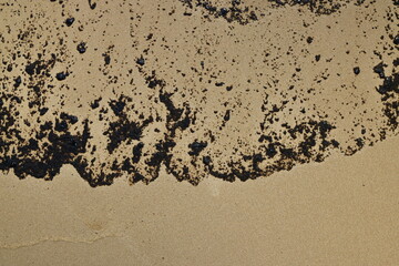 The sea and the beach are polluted with oil. A crude oil spill on the sand of a city beach