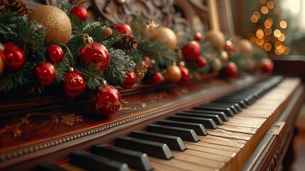 Piano Keyboard Christmas Garland Close, Background HD, Illustrations
