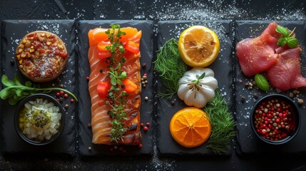  "Variété de plats présentés pour un repas élaboré"