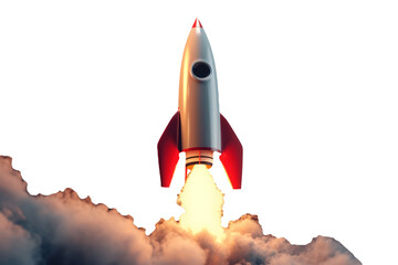 rocket launching with flame and smoke, isolated, transparent background, fly to space, boost, business